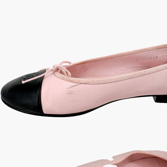 Chanel CC Cap Toe Ballet Flats Size 40 C US 9-9.5 Pink Black Two Tone Logo Bow - Picture 11 of 15